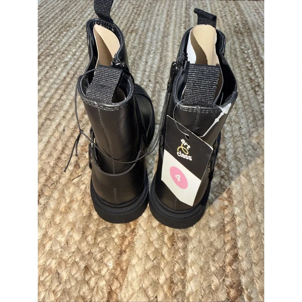 Art Class Girls Black Crosby Boots Moto Faux Leather Boots Size 4